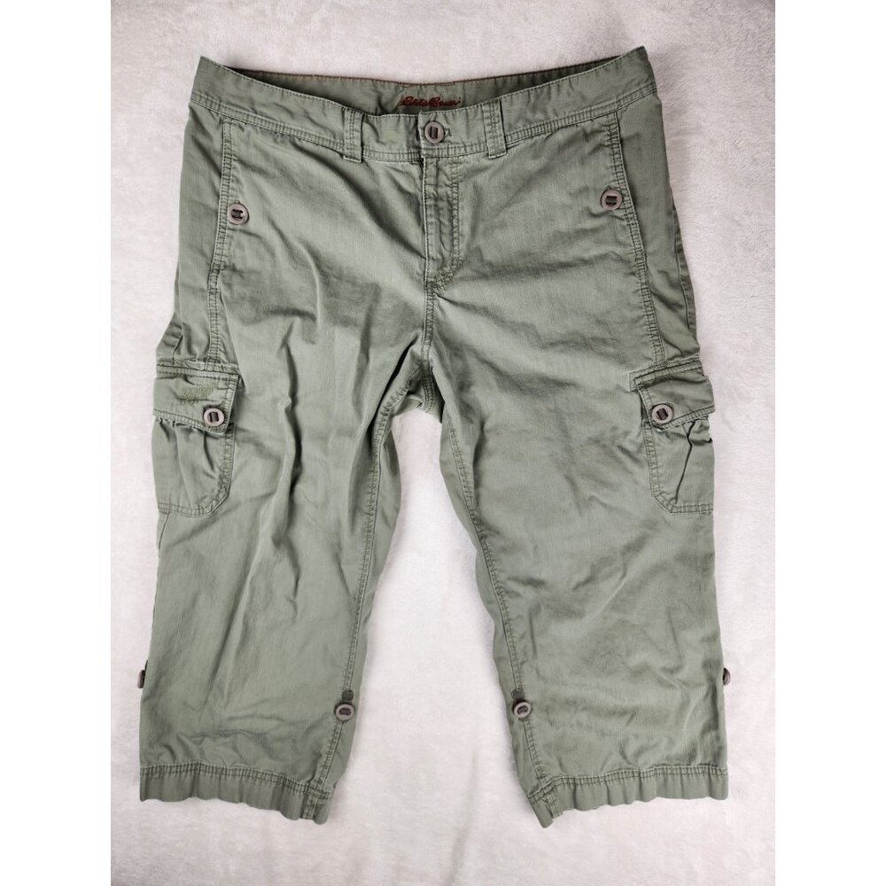 Eddie‎ Bauer Women's Capri W36"x 21" Green Mid Rise Cargo Pockets Button Zip